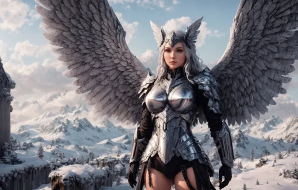 Winter, the sky, girl, snow, mountains, wings, temple, armor