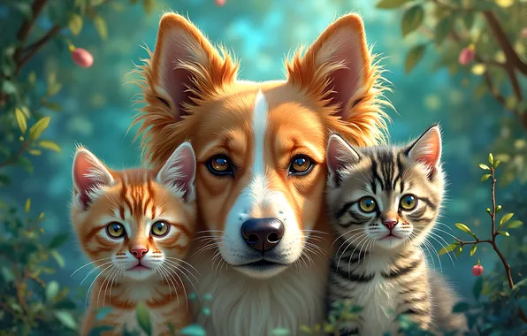 Look, cats, portrait, dog, kittens, puppy, company, trio