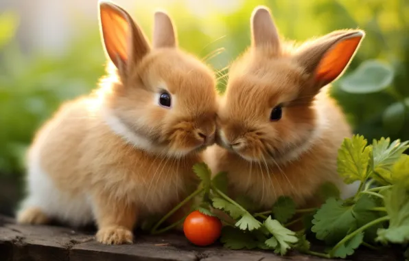 Look, nature, pose, rabbits, kids, a couple, Duo, vegetables