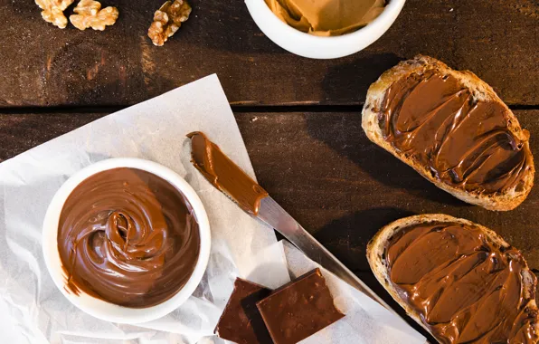Chocolate, bread, knife, nuts, pasta, chocolate paste