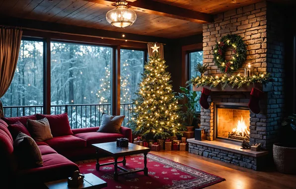 Room, tree, interior, Christmas, New year, fireplace, Christmas, view