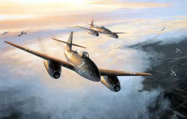 Picture war, art, painting, aviation, ww2, messerschmitt me 262 &ampquot;stormbird&ampquot; jet fighter, german jet fighter