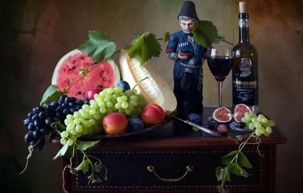 Wine, glass, bottle, watermelon, grapes, figurine, fruit, still life