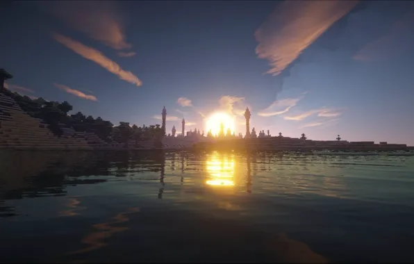 The sky, water, clouds, trees, shore, tower, Bay, Minecraft