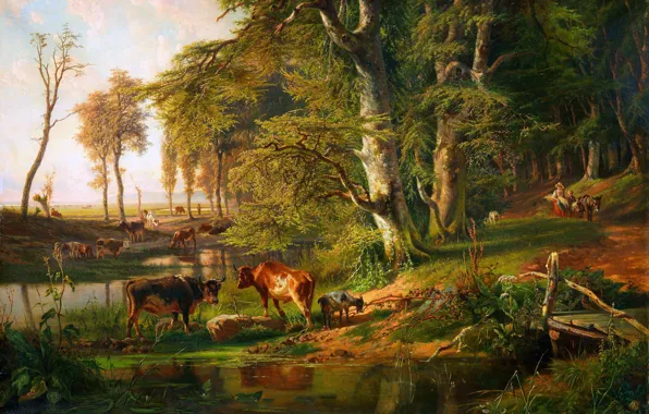 Picture Trees, Stream, Picture, Cows, Goat, Cattle at the forest stream, Paul Joseph Constantin Gabriel, Paul …