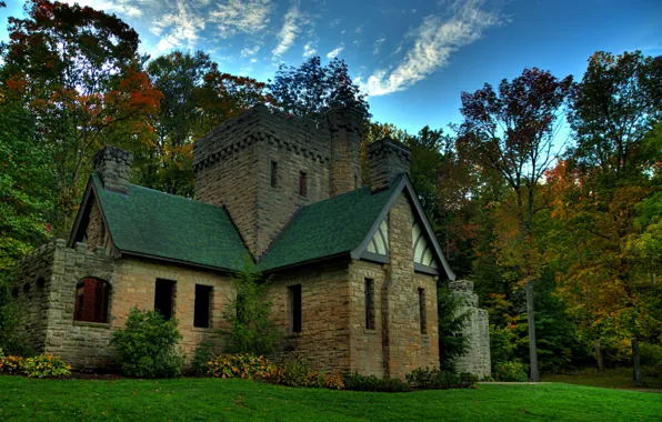 Autumn, forest, trees, castle, USA, Squires Castle