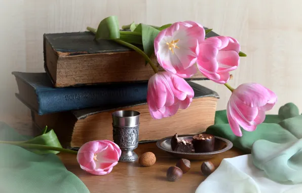 Picture candy, tulips, fabric, book, nuts, still life