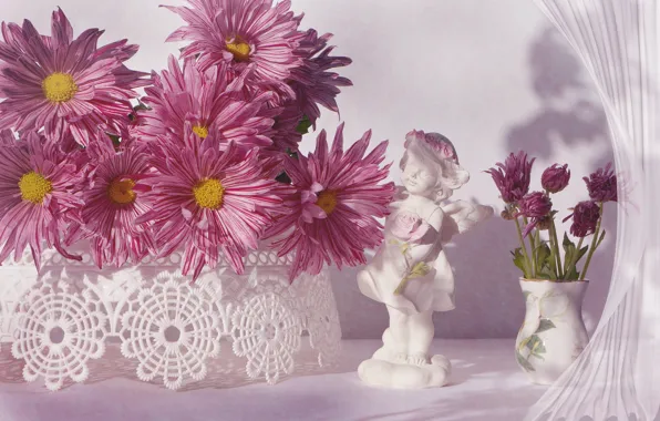 Flowers, vase, figurine, pink, chrysanthemum