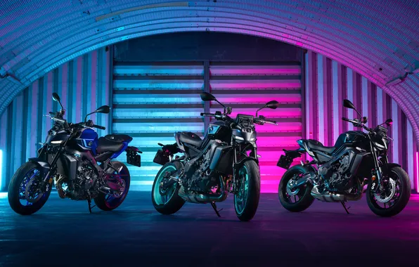 Yamaha, Trio, Bikes, Sport Bike, Neon Lights, 2024, Yamaha MT-09, Naked bikes