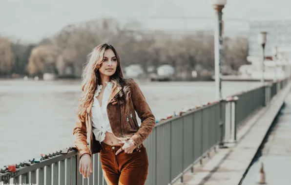 Picture girl, the sun, landscape, bridge, pose, river, portrait, jeans