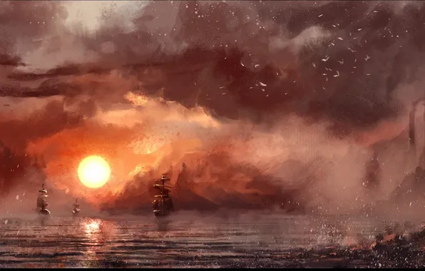 Sea, the sun, ships, art, painted landscape