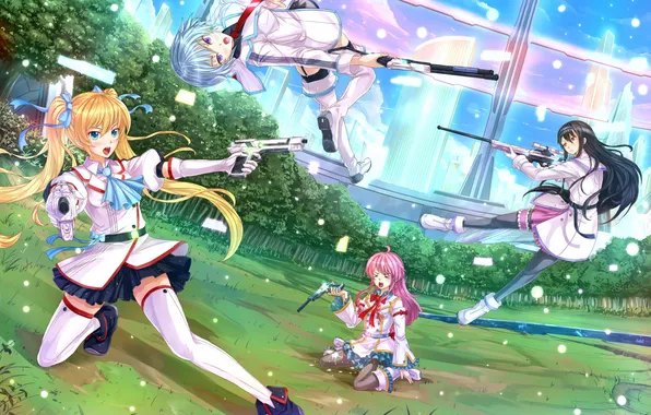 Grass, the city, gun, weapons, girls, friend
