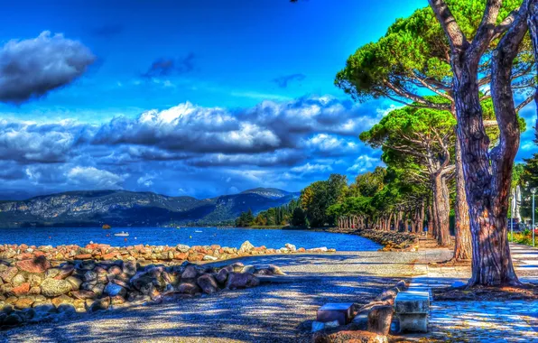 Picture sea, clouds, trees, mountains, stones, coast, HDR, Bay