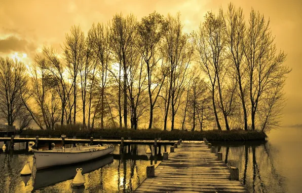 Picture landscape, sunset, lake, pier