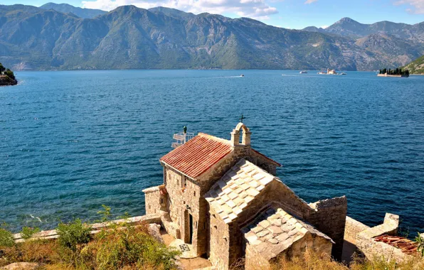 Sea, mountains, Church, Bay, Montenegro, Jadran, Montenegro, Perast