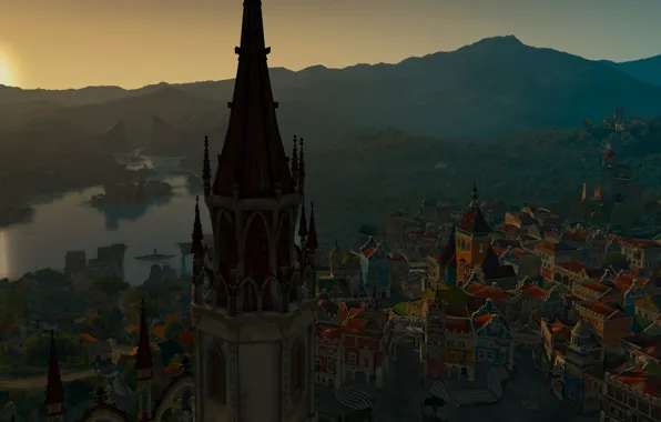 Sunset, lake, France, tower, home, Bokler, The Witcher 3: Blood and Wine
