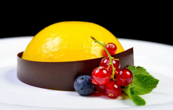 Berries, plate, cake, black background, dessert, souffle