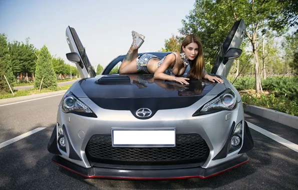 Auto, look, Girls, Asian, beautiful girl, Toyota 86, posing on the hood of the car