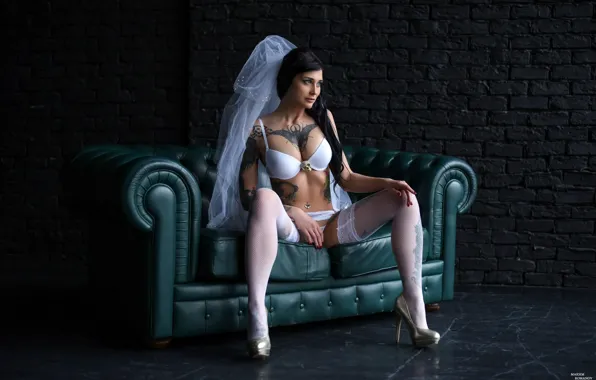 Pose, wall, model, panties, brick, stockings, makeup, figure
