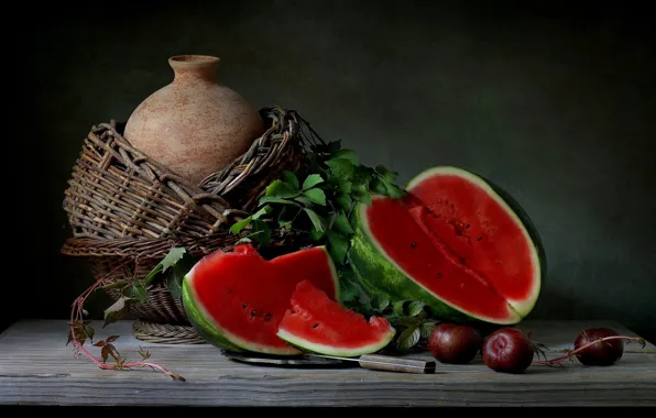 Leaves, table, apples, watermelon, knife, pitcher, still life, basket