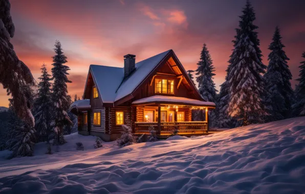 Winter, forest, the sky, clouds, light, night, lights, house