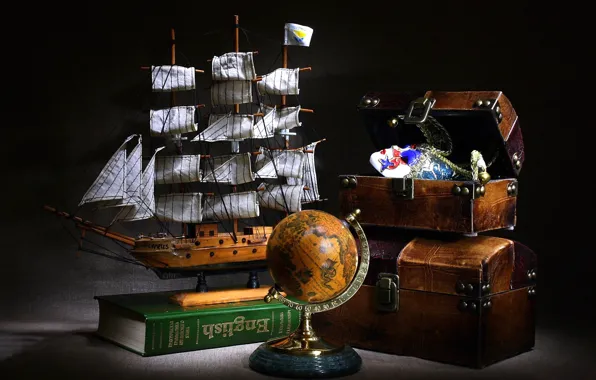 Picture model, sailboat, dictionary, chest, journey, globe