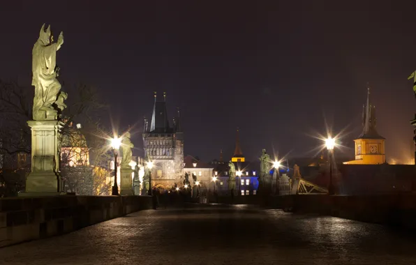 Night, lights, tower, Prague, Czech Republic, Charles bridge