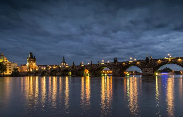 The sky, light, the city, lights, reflection, river, the evening, Prague
