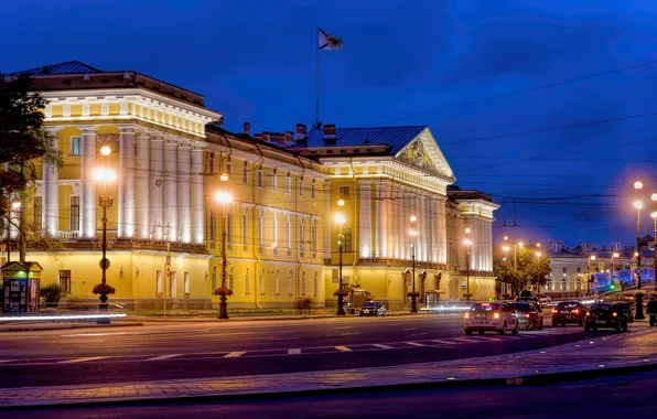 Road, machine, night, lights, movement, street, building, lights