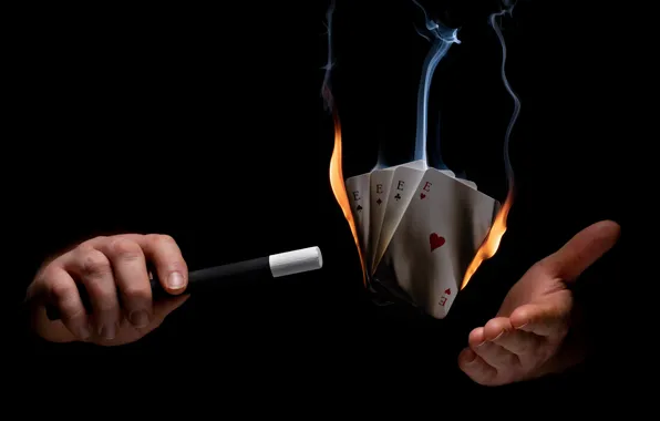 Card, fire, hands