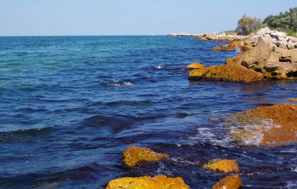 Sea, wave, foam, stones, rocks, waves, sea, blue