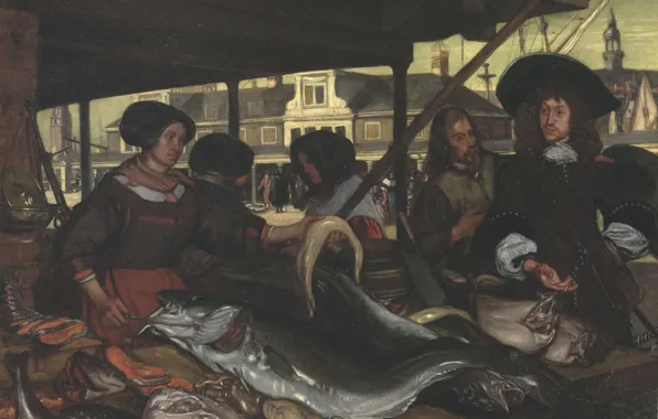 Picture fish, market, intestine, Emanuel de Witte, in Amsterdam, 1655, The New Fishmarket