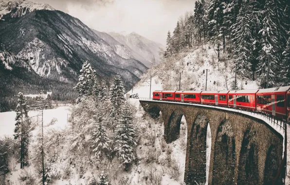 Picture winter, mountains, bridge, train, railroad