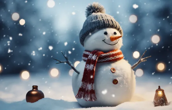 Picture winter, snow, New Year, Christmas, snowman, happy, Christmas, night