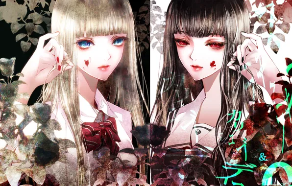 Leaves, girls, the inscription, blood, plants, form, blue eyes, bow