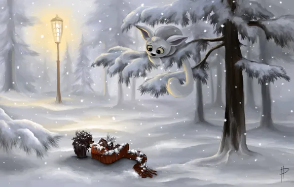 Picture winter, forest, snow, trees, art, lantern, bumps, hedgehog