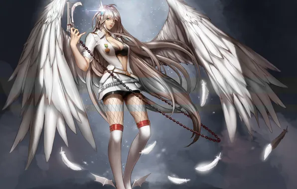 Girl, gun, weapons, wings, anime, art, chain, dungeon and fighter