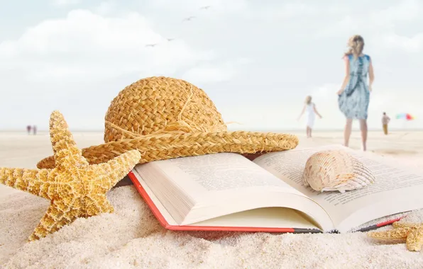 Picture sand, Beach, hat, book