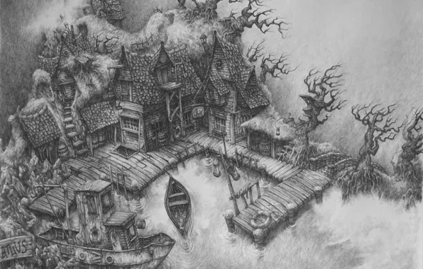 Picture house, boat, figure, pier, pencil, gloomy