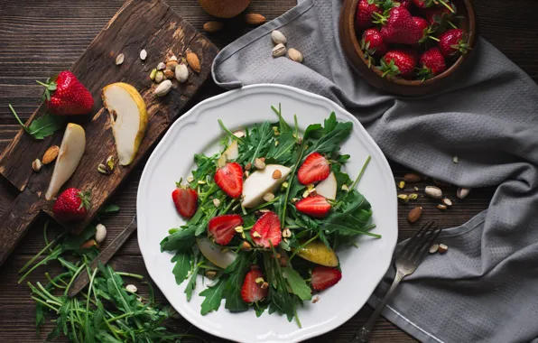 Food, strawberry, nuts, pear, salad, arugula, arugula