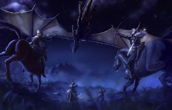 Mountains, night, dragon, elf, horses, stars, The Lord Of The Rings, battle