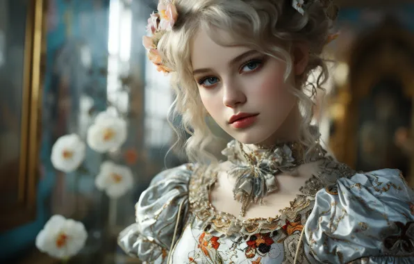 Picture look, girl, flowers, pose, portrait, AI art, neural network