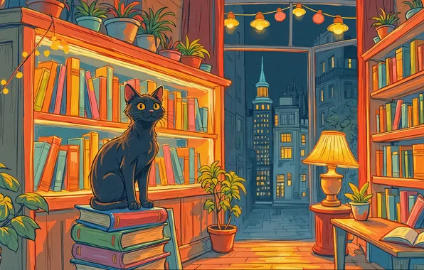Cat, cat, look, light, night, the city, lights, pose