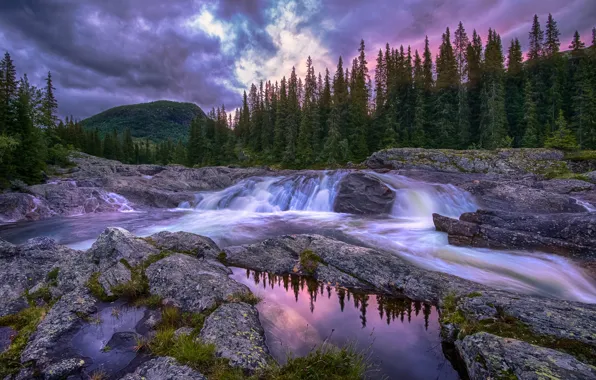 Forest, mountains, reflection, stones, rocks, shore, waterfall, ate