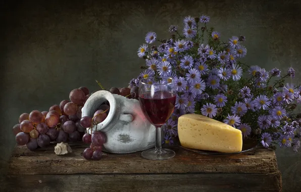 Picture flowers, cheese, grapes, still life
