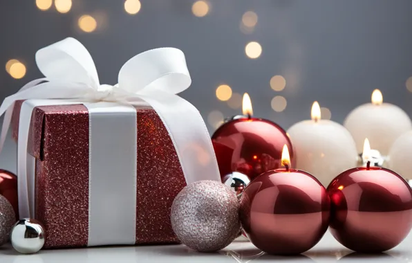 White, balls, the dark background, flame, box, gift, balls, Shine