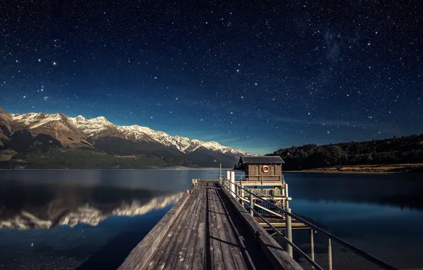 Picture the sky, stars, mountains, Lake, pier