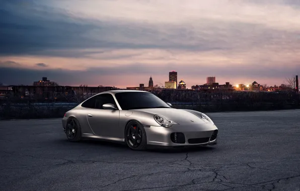 Sunset, the city, 911, Porsche, horizon, front, silvery