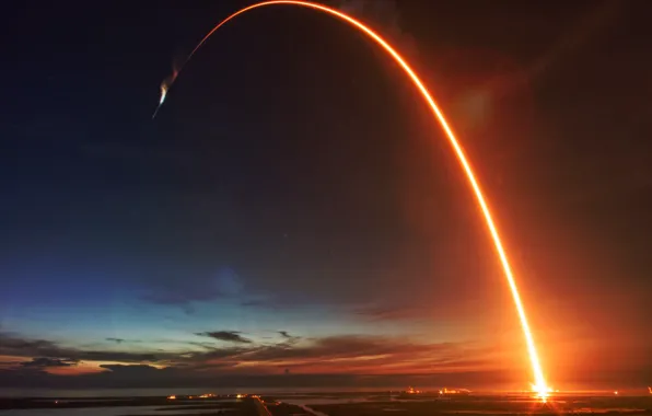 Night, science, rocket launch, fire trail