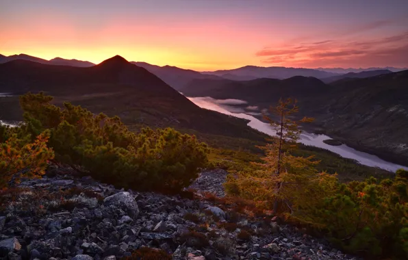 Autumn, the sky, light, sunset, mountains, fog, river, stones